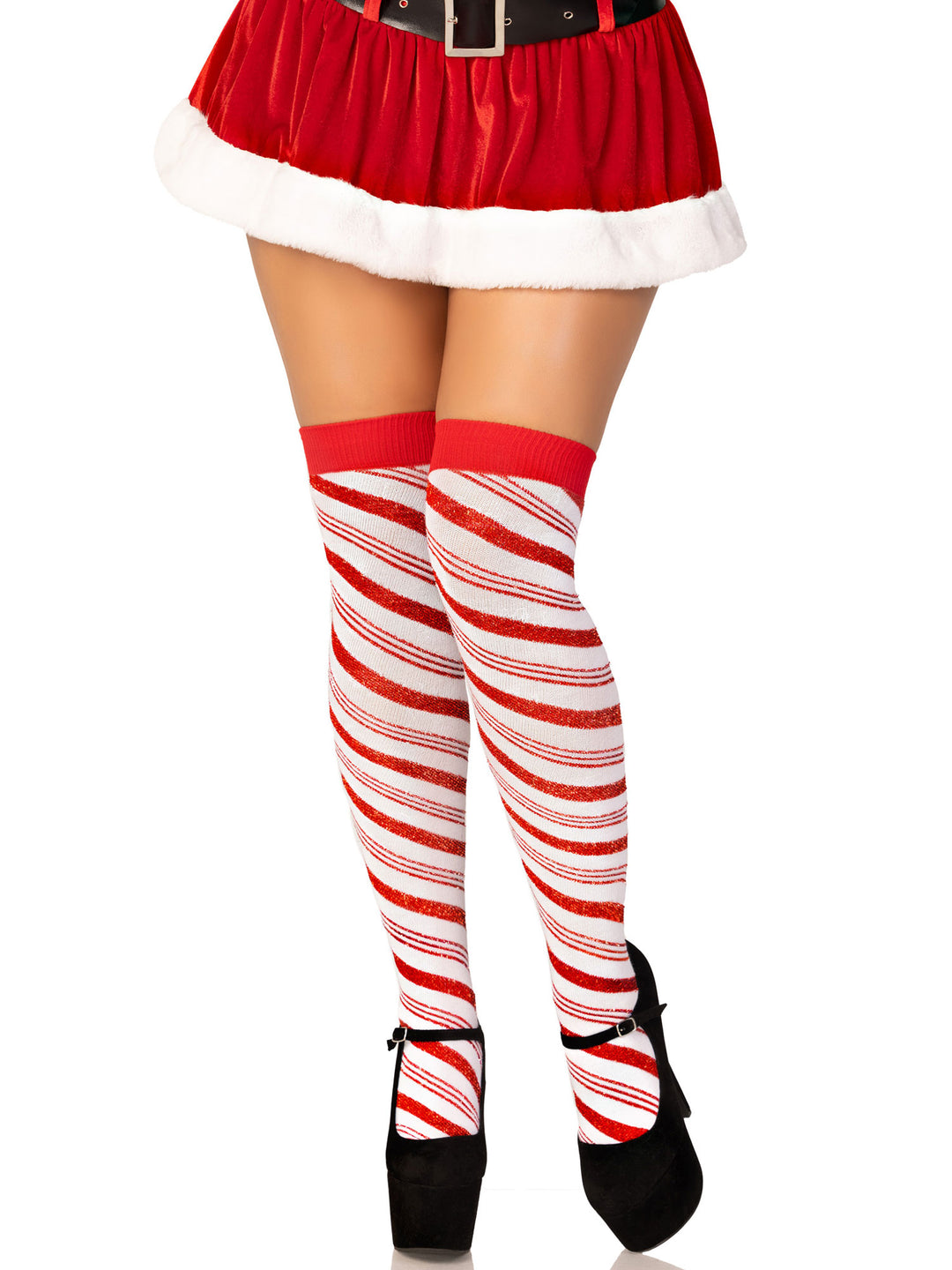 Candy Cane Lurex Striped Socks - Over the Knee - Os - White/red LA-6647WHTOS